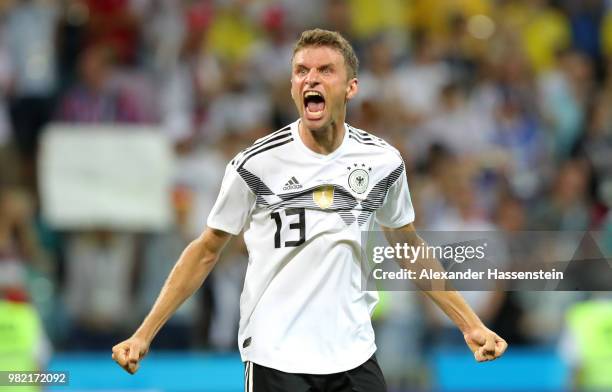 Thomas Mueller of Germany celebrates victory following the 2018 FIFA World Cup Russia group F match between Germany and Sweden at Fisht Stadium on...