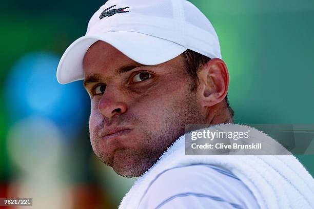 Andy Roddick of the United States looks on against Rafael Nadal of Spain during day eleven of the 2010 Sony Ericsson Open at Crandon Park Tennis...