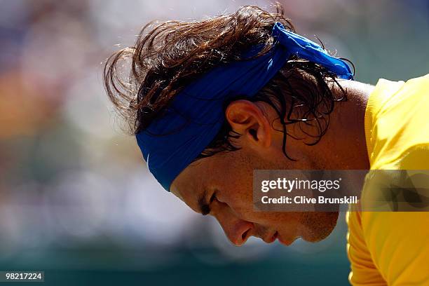 Rafael Nadal of Spain looks on against Andy Roddick of the United States during day eleven of the 2010 Sony Ericsson Open at Crandon Park Tennis...