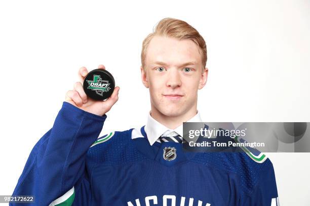 Toni Utunen poses after being selected 130th overall by the Vancouver Canucks during the 2018 NHL Draft at American Airlines Center on June 23, 2018...