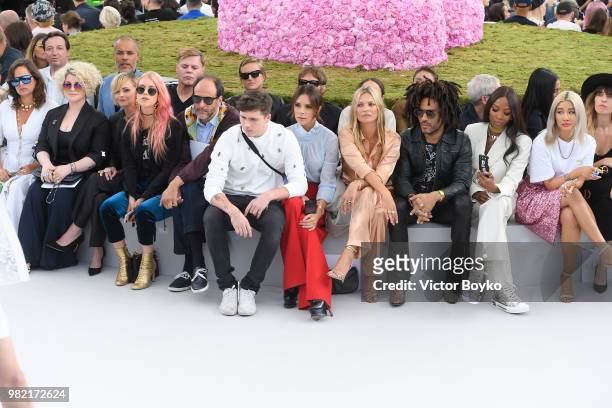 Front row from left to right, Jade Jagger, Kelly Osbourne, Christina Ricci, a guest, Luca Guadagnino, Brooklyn Beckham, Victoria Beckham, Kate Moss,...