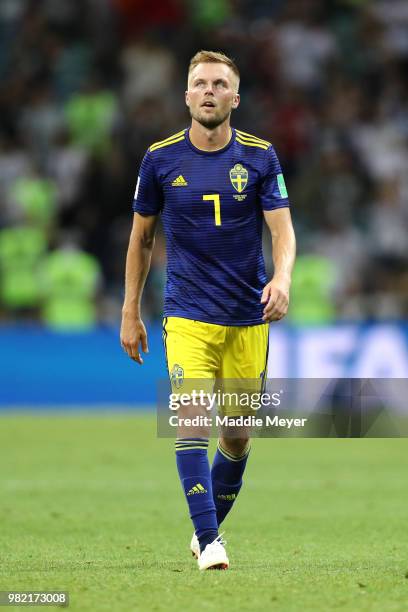 Sebastian Larsson of Sweden look dejected following the 2018 FIFA World Cup Russia group F match between Germany and Sweden at Fisht Stadium on June...