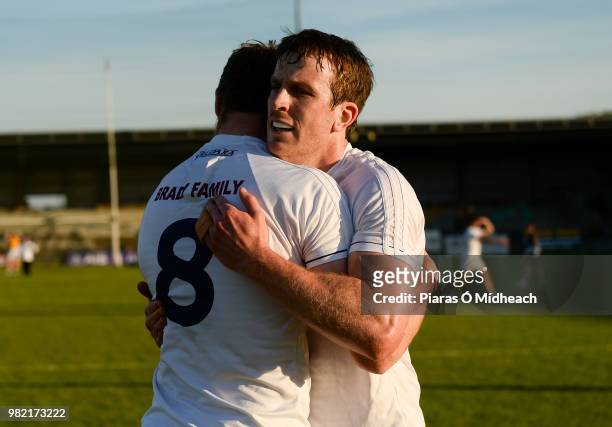 Longford , Ireland - 23 June 2018; Kildare's Paddy Brophy, right, and Kevin Feely celebrate after the GAA Football All-Ireland Senior Championship...