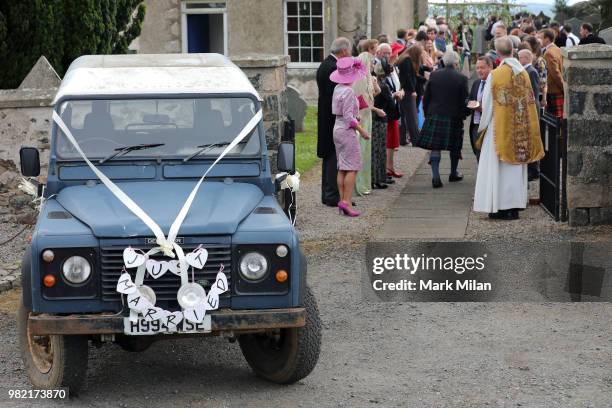 Land Rover is seen outside Rayne Church in Kirkton on Rayne venue for the wedding of Kit Harrington and Rose Leslie on June 23, 2018 in Aberdeen,...