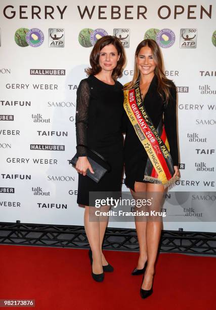 Presenter Franziska Schenk and Miss Germany Anahita Rehbein attend the Gerry Weber Open Fashion Night 2018 at Gerry Weber Stadium on June 23, 2018 in...