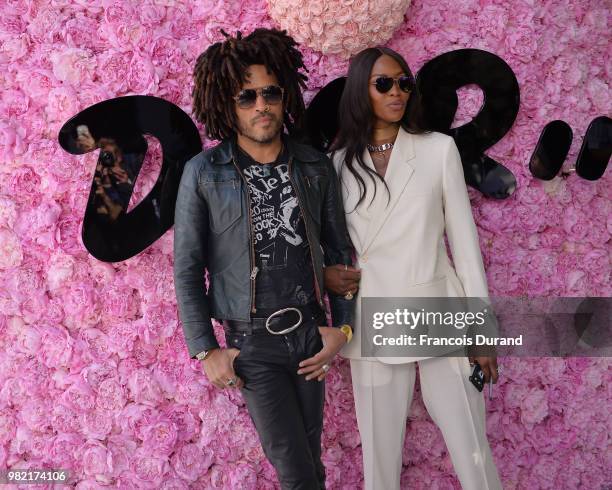 Lenny Kravitz and Naomi Campbell attend the Dior Homme Menswear Spring/Summer 2019 show as part of Paris Fashion Week on June 23, 2018 in Paris,...