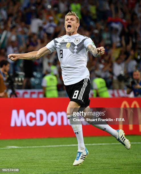 Toni Kroos of Germany celebrates scoring his sides winning goal during the 2018 FIFA World Cup Russia group F match between Germany and Sweden at...