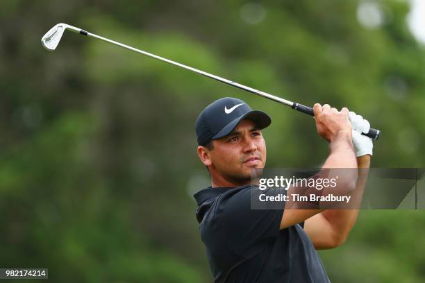 Jason Day of Australia plays his shot from the fifth tee during the third round of the Travelers Championship at TPC River Highlands on June 23, 2018...