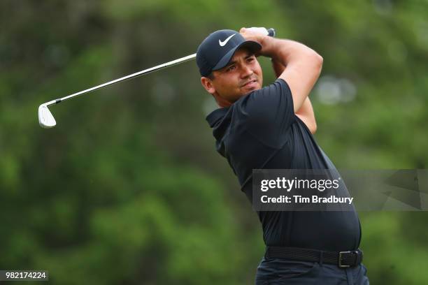 Jason Day of Australia plays his shot from the fifth tee during the third round of the Travelers Championship at TPC River Highlands on June 23, 2018...