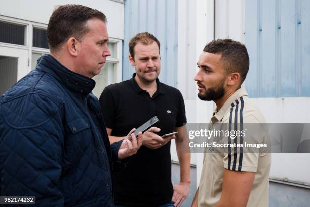 Journalists Mike Verweij , Daniel Dwarswaard, with Zakaria Labyad of Ajax, after the game during the Club Friendly match between VVSB v Ajax at the...