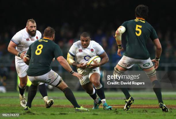 Kyle Sinckler of England charges upfield during the third test match between South Africa and England at Newlands Stadium on June 23, 2018 in Cape...