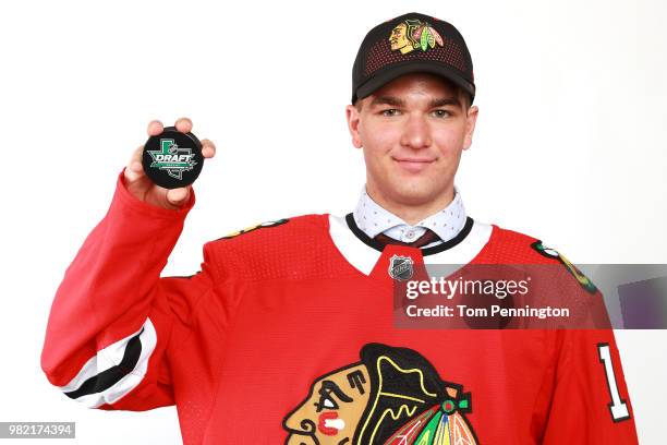 Alexis Gravel poses after being selected 162nd overall by the Chicago Blackhawks during the 2018 NHL Draft at American Airlines Center on June 23,...