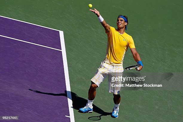 Rafael Nadal of Spain serves against Andy Roddick of the United States during day eleven of the 2010 Sony Ericsson Open at Crandon Park Tennis Center...