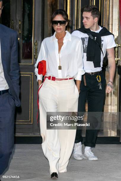 Victoria Beckham and Brooklyn Beckham are seen on June 23, 2018 in Paris, France.