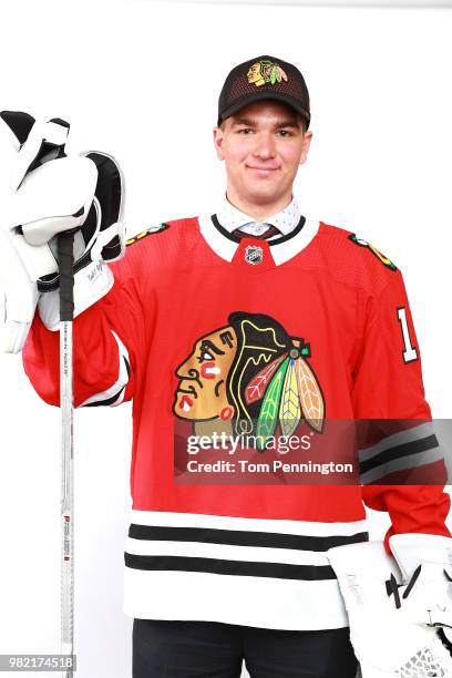 Alexis Gravel poses after being selected 162nd overall by the Chicago Blackhawks during the 2018 NHL Draft at American Airlines Center on June 23,...