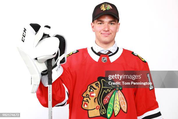 Alexis Gravel poses after being selected 162nd overall by the Chicago Blackhawks during the 2018 NHL Draft at American Airlines Center on June 23,...