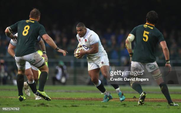 Kyle Sinckler of England charges upfield during the third test match between South Africa and England at Newlands Stadium on June 23, 2018 in Cape...