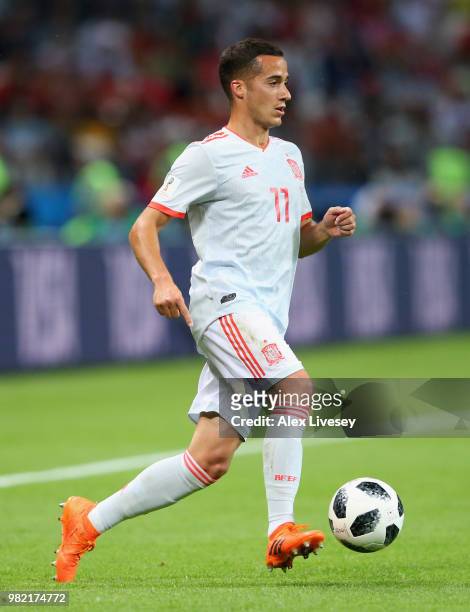 Lucas Vazquez of Spain runs with the ball during the 2018 FIFA World Cup Russia group B match between Iran and Spain at Kazan Arena on June 20, 2018...