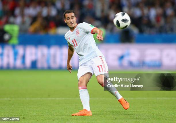 Lucas Vazquez of Spain passes the ball during the 2018 FIFA World Cup Russia group B match between Iran and Spain at Kazan Arena on June 20, 2018 in...