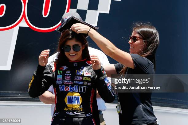 Hailie Deegan, driver of the Mobil 1/NAPA Power Premium Plus Toyota, receives her diploma on stage prior to the NASCAR K&N Pro Series West Carneros...