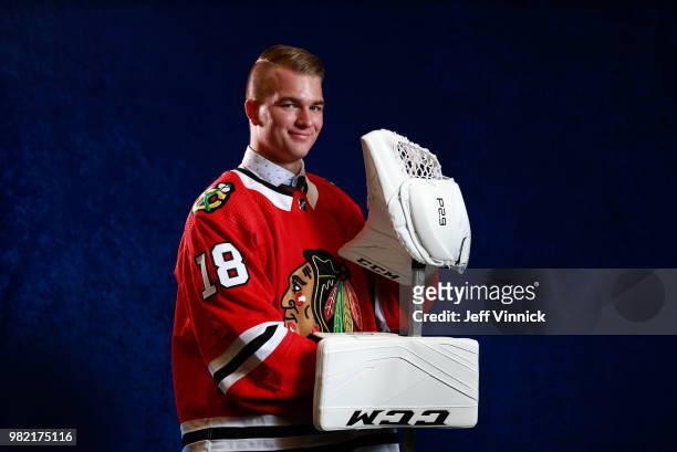 Alexis Gravel poses for a portrait after being selected 162nd overall by the Chicago Blackhawks during the 2018 NHL Draft at American Airlines Center...