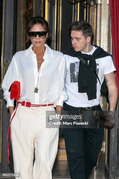 Victoria Beckham and Brooklyn Beckham are seen on June 23, 2018 in Paris, France.