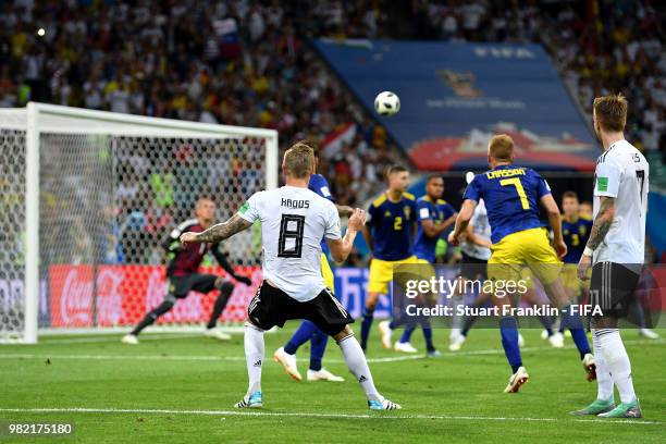 Toni Kroos of Germany scores his team's second goal to put his team in front 2-1 during the 2018 FIFA World Cup Russia group F match between Germany...