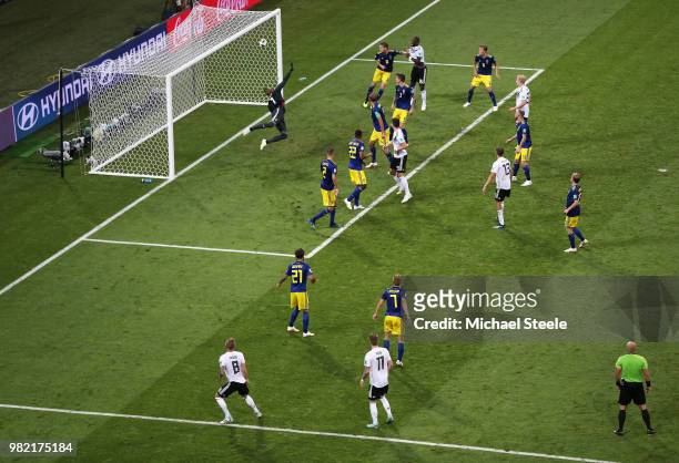 Toni Kroos of Germany scores his team's second goal to put his team in front 2-1 during the 2018 FIFA World Cup Russia group F match between Germany...