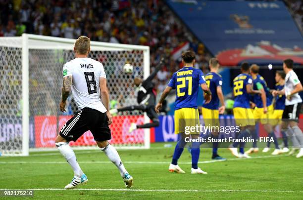 Toni Kroos of Germany scores his team's second goal during the 2018 FIFA World Cup Russia group F match between Germany and Sweden at Fisht Stadium...