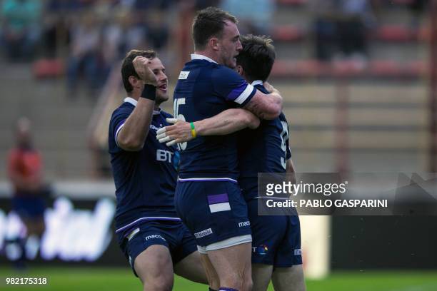 George Horne from Scotland , celebrates after scoring a try during their international test match against Argentina, at the Centenario stadium, in...