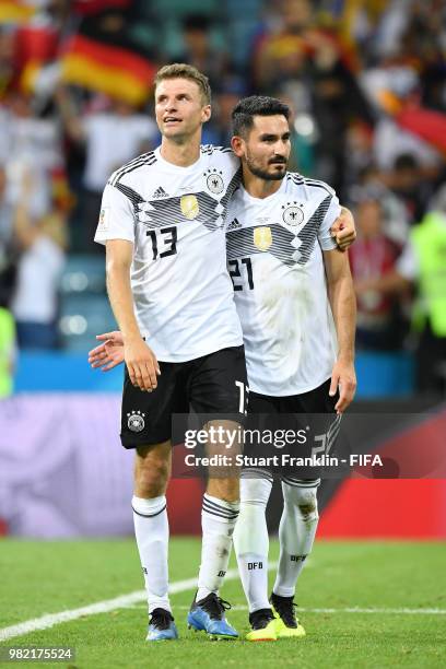 Thomas Mueller and Ilkay Guendogan of Germany celebrate during the 2018 FIFA World Cup Russia group F match between Germany and Sweden at Fisht...