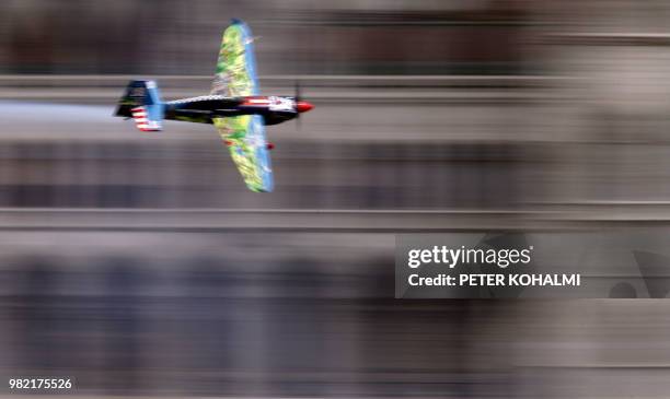Petr Kopfstein from Czech Republic manoeuvres his plane at the 2018 Red Bull Air Race World Championship on June 23, 2018 in the Hungarian capital...