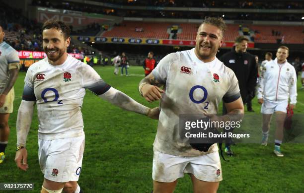 Danny Cipriani and Harry Williams of England celebrate their victory during the third test match between South Africa and England at Newlands Stadium...