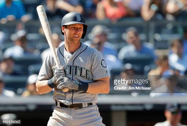Andrew Romine of the Seattle Mariners in action against the New York Yankees at Yankee Stadium on June 21, 2018 in the Bronx borough of New York...