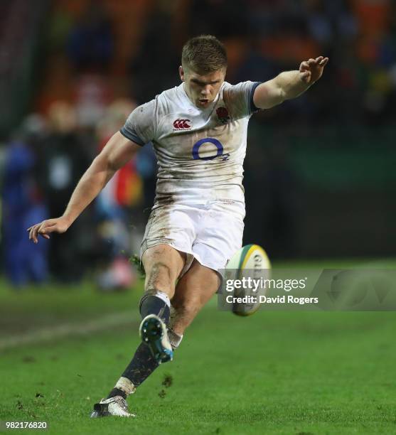 Owen Farrell, of England converts the Jonny May try during the third test match between South Africa and England at Newlands Stadium on June 23, 2018...