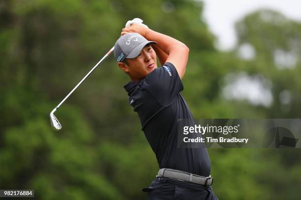 Danny Lee of New Zealand plays his shot from the fifth tee during the third round of the Travelers Championship at TPC River Highlands on June 23,...