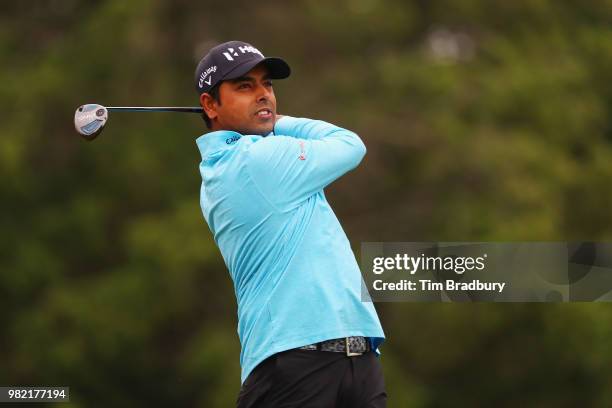 Anirban Lahiri of India plays his shot from the fifth tee during the third round of the Travelers Championship at TPC River Highlands on June 23,...