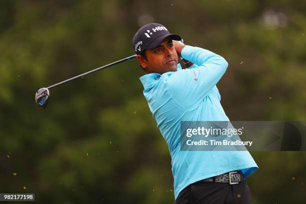Anirban Lahiri of India plays his shot from the fifth tee during the third round of the Travelers Championship at TPC River Highlands on June 23,...