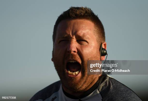 Longford , Ireland - 23 June 2018; Kildare manager Cian O'Neill celebrates a late goal by during the GAA Football All-Ireland Senior Championship...