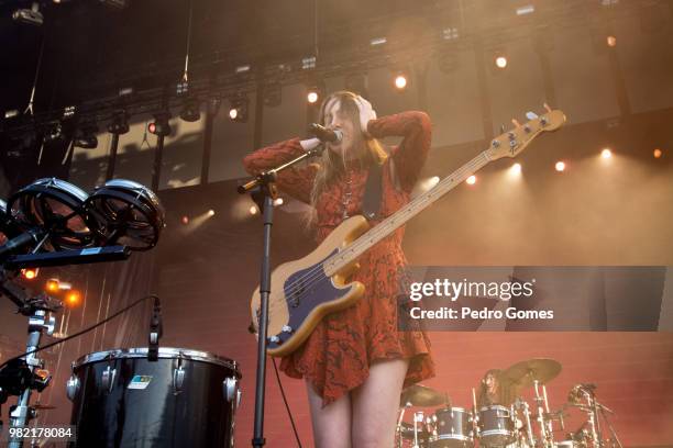 Este Haim performs at the Mundo stage on the first day of Rock in Rio Lisboa on June 23, 2018 in Lisbon, Portugal.