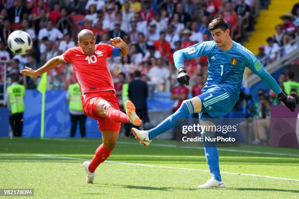 Thibaut Courtois of Belgium and Wahbi Khazri of Tunisia during the 2018 FIFA World Cup Group G match between Belgium and Tunisia at Spartak Stadium...