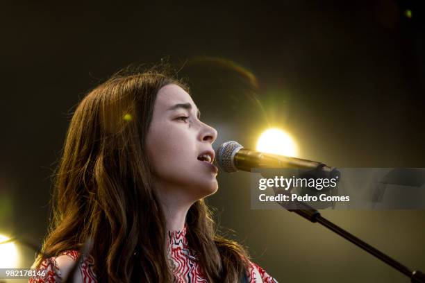 Danielle Haim of the band Haim performs at the Mundo stage on the first day of Rock in Rio Lisboa on June 23, 2018 in Lisbon, Portugal.