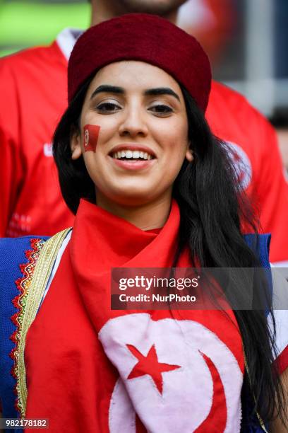 The Tunisian fan enjoy the atmosphere during the 2018 FIFA World Cup Group G match between Belgium and Tunisia at Spartak Stadium in Moscow, Russia...