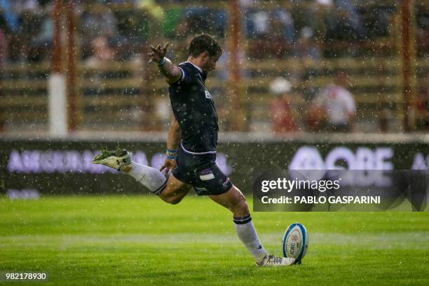 Adam Hastings from Scotland kicks the ball, during their international test match against Argentina, at the Centenario stadium, in Resistencia, Chaco...