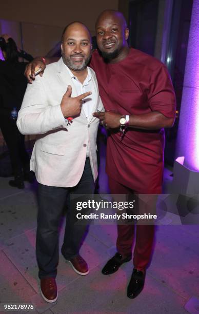Michael Armstrong and Alex Okosi attend The Late Night Brunch during the 2018 BET Experience at OUE Skyspace LA on June 21, 2018 in Los Angeles,...
