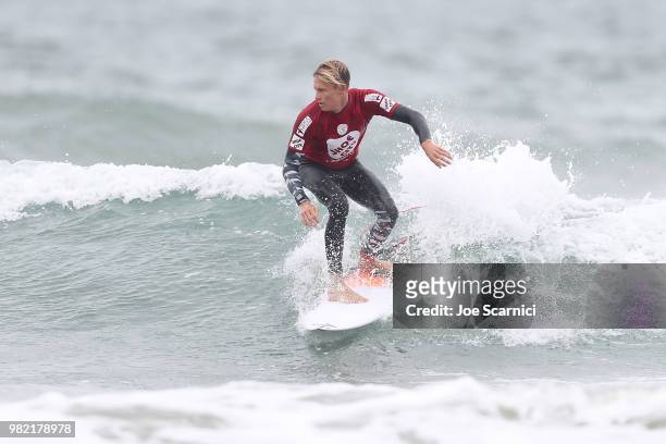 Kevin Schulz in action during his round 2 heat at the 2018 Shoe City Pro at the Huntington Beach Pier on June 23, 2018 in Huntington Beach,...