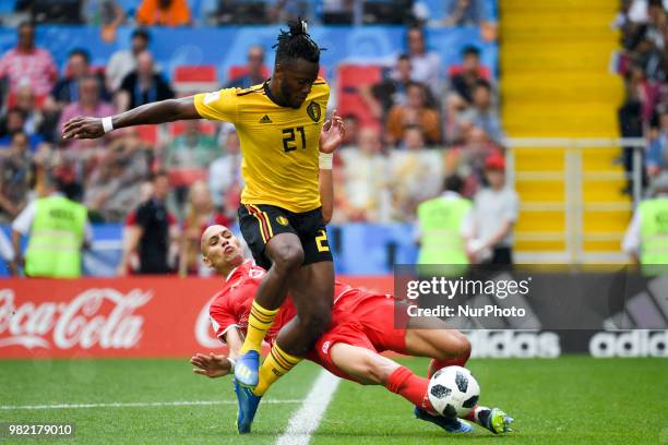 Michy Batshuayi of Belgium and Yohan Ben Alouane of Tunisia during the 2018 FIFA World Cup Group G match between Belgium and Tunisia at Spartak...