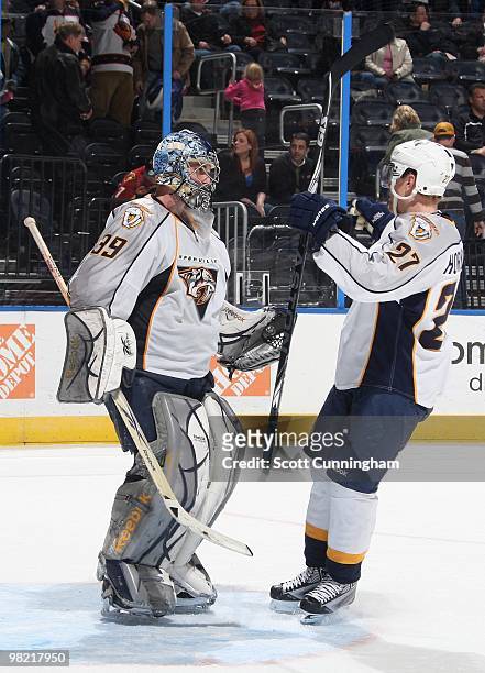Dan Ellis and Patric Hornqvist of the Nashville Predators celebrate after the game against the Atlanta Thrashers at Philips Arena on March 9, 2010 in...
