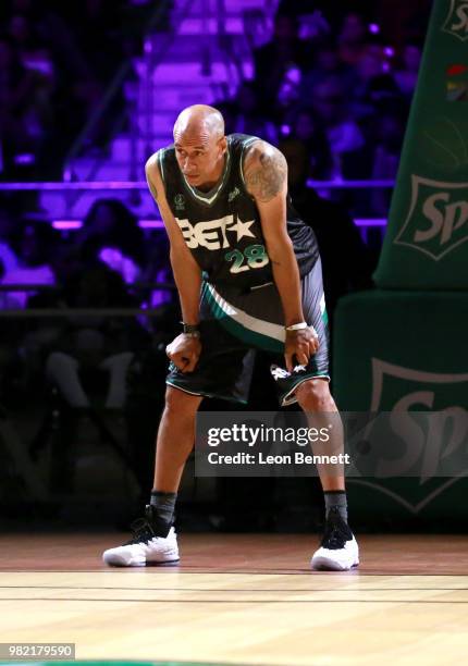 Doug Christie plays basketball at the Celebrity Basketball Game Sponsored By Sprite during the 2018 BET Experience at Los Angeles Convention Center...