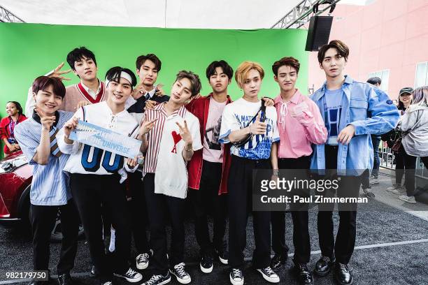 Hong Seok, Jin Ho, Hui, Yan An, Yeo One, Shin Won, E Dawn, Kino, Woo Seok and Yuto of Boy Band Pentagon pose at KCON Day 1 2018 NY presented by...